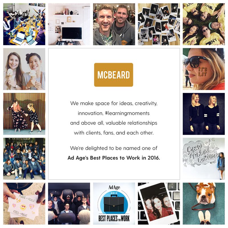Grid of McBeard team photos around a card announcing Ad Age Best Places to Work 2016
