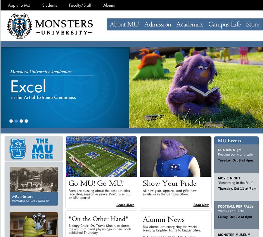 The Monsters University campus website homepage